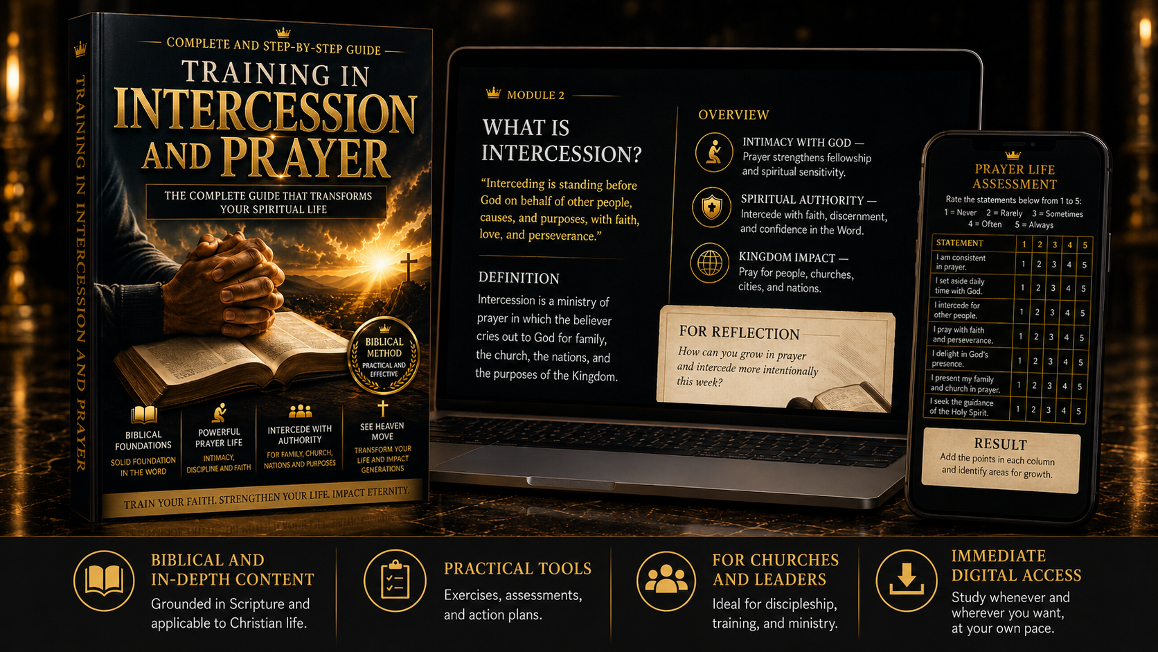 Mockup of the Intercession and Prayer Training on book, laptop, and phone