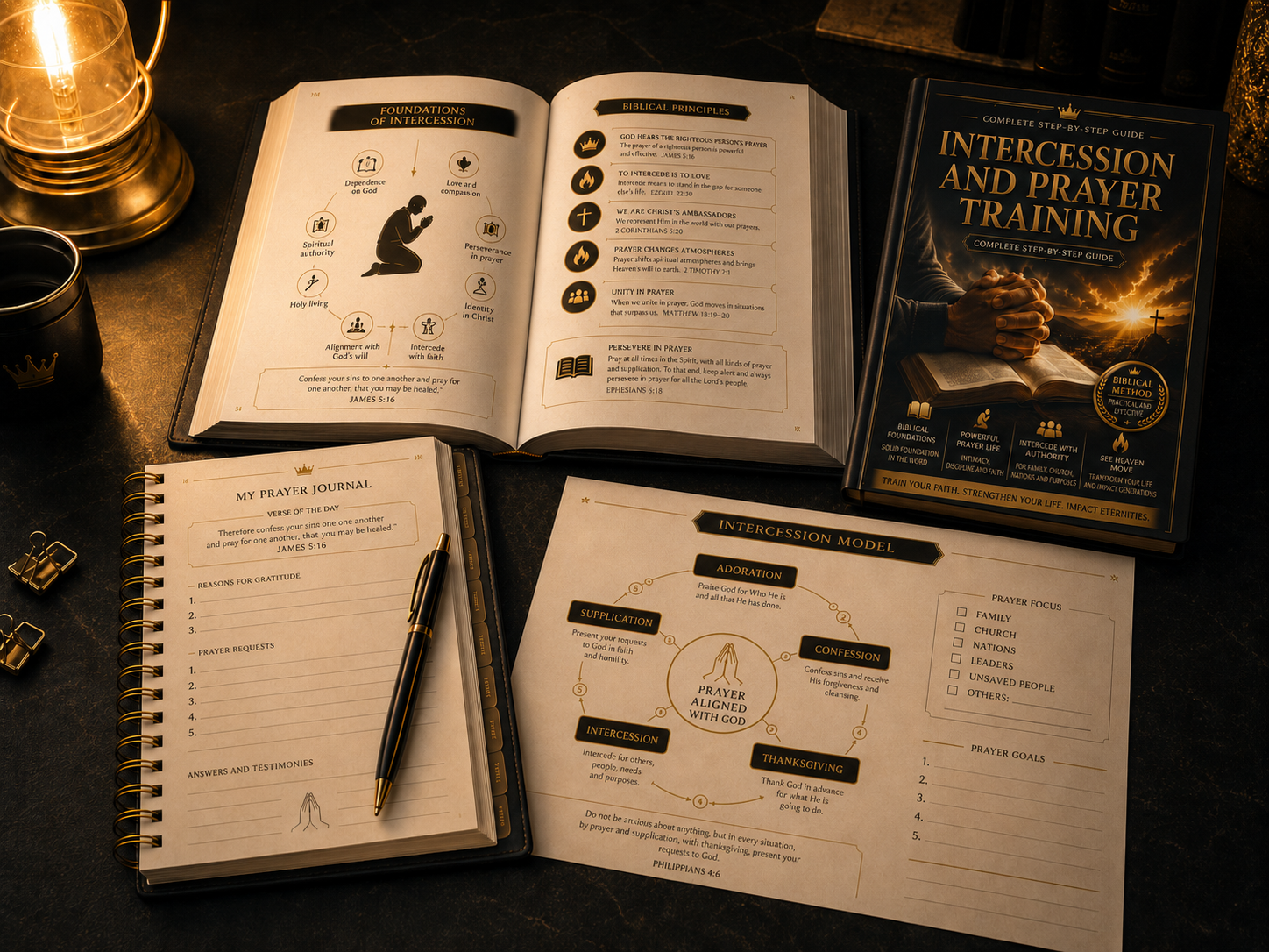 Internal training pages showing a prayer model and the intercessor routine