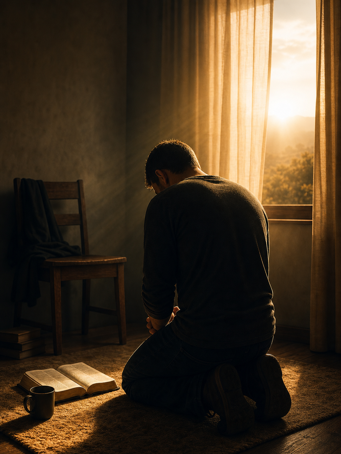Person praying on their knees with soft light in an atmosphere of intimacy and devotion